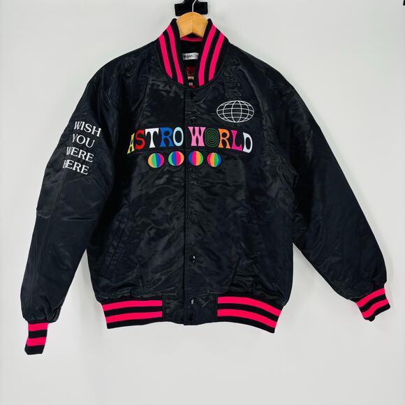 Travis Scott Astro World Satin Bomber Jacket Medium Black Headgear Classics NWT - Picture 1 of 8